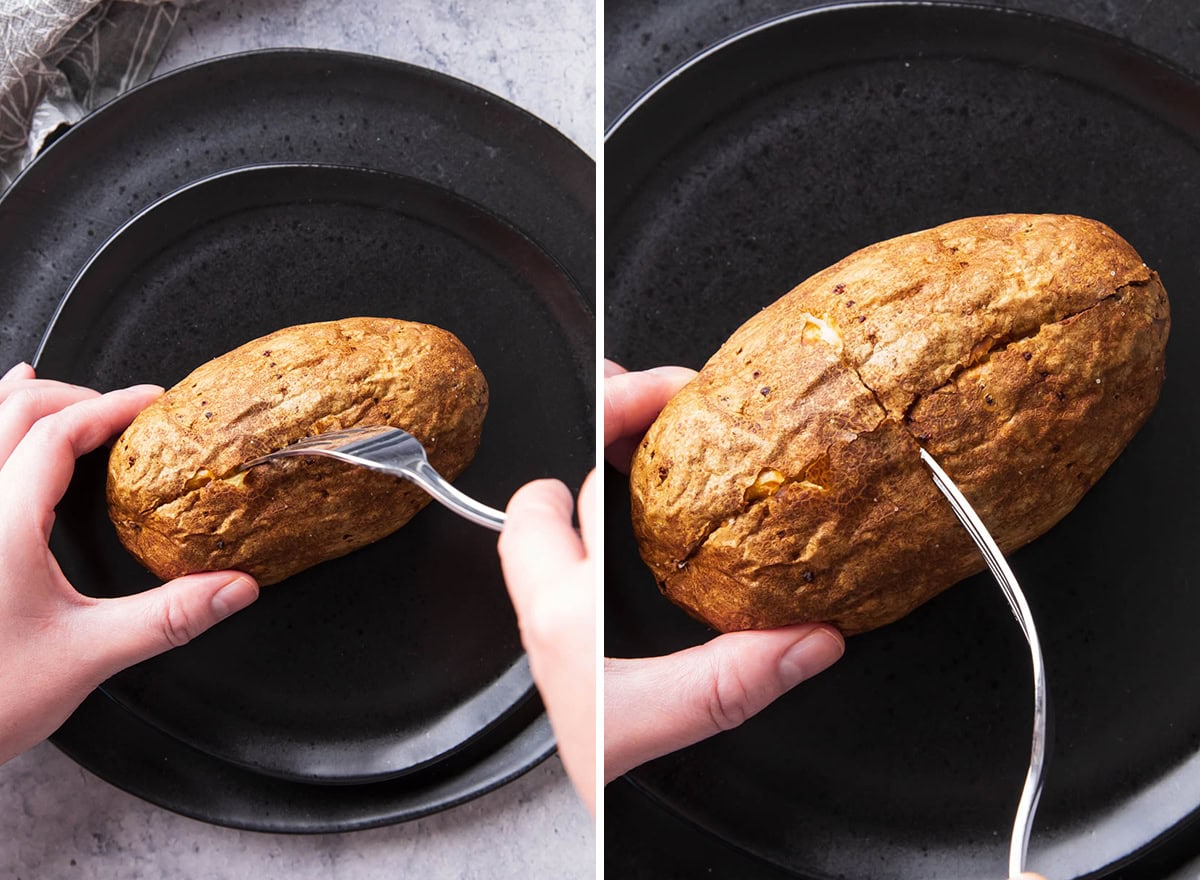 Two photos showing How to Open a Baked Potato - using a fork to create a crisscross slice to split open the potato