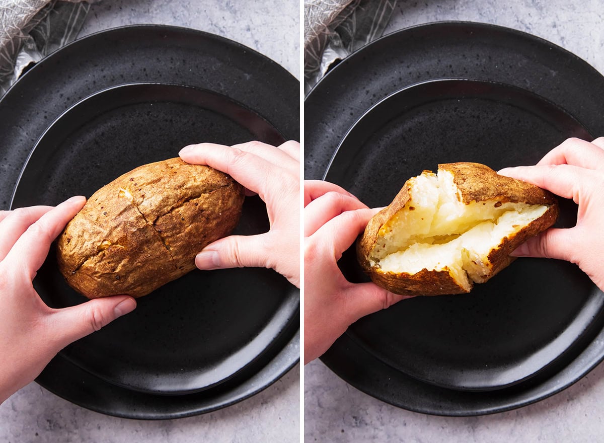 Two photos showing How to Open a Baked Potato - two hands pressing and splitting open a baked potato.