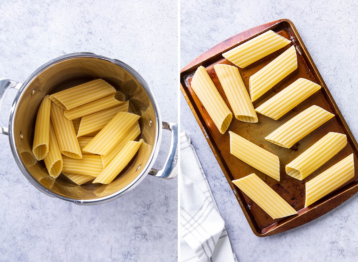 Two photos showing How to Make Manicotti - cooked pasta in pot, then laid out on a baking tray