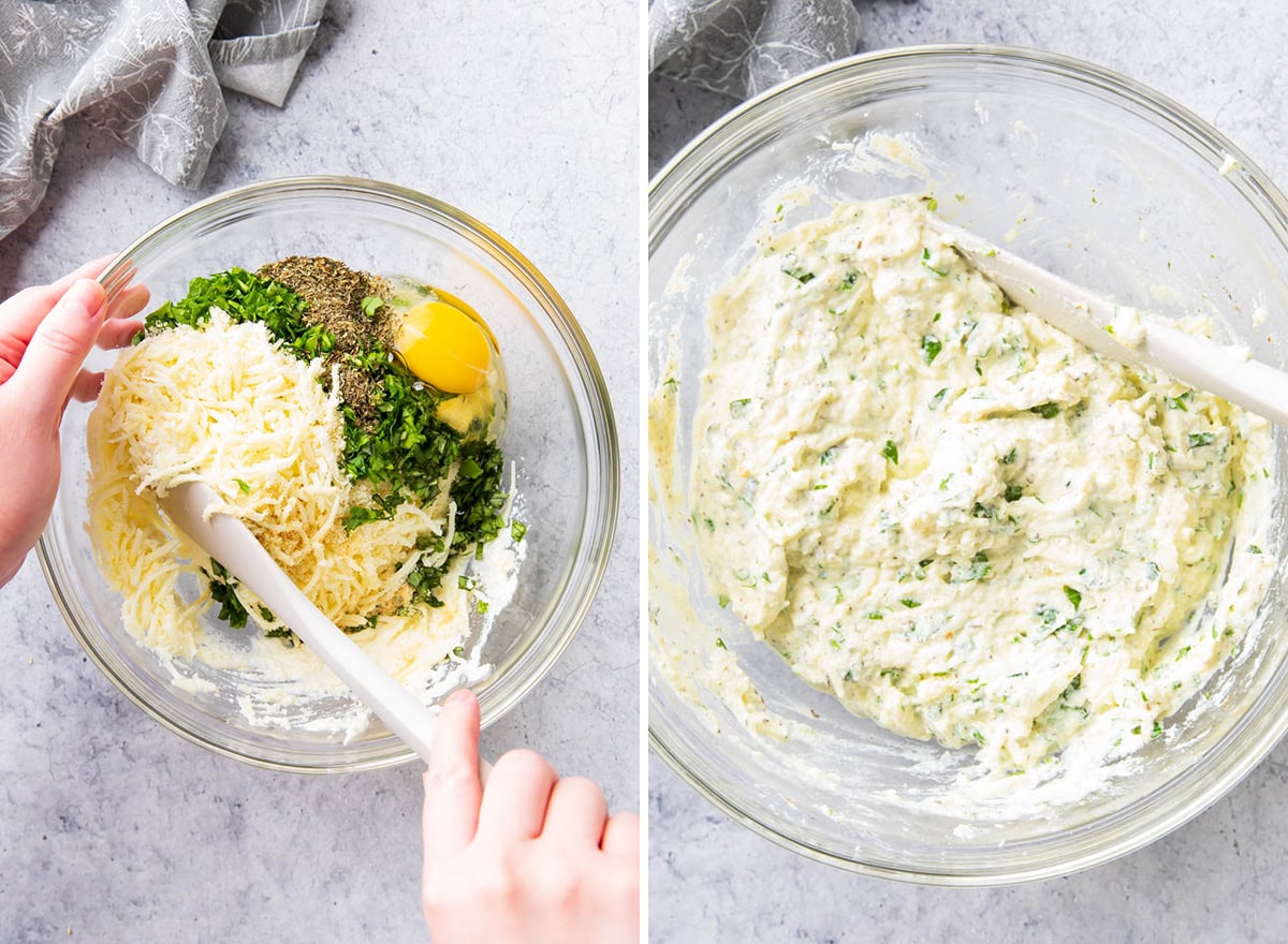 Two photos showing How to Make Manicotti - stirring together ricotta, egg, Italian seasonings to make the stuffed cheese filling