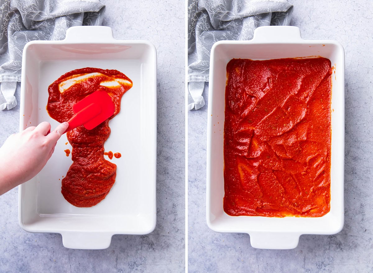 Two photos showing How to Make Manicotti - spreading marinara sauce into a single layer at the bottom of the baking dish