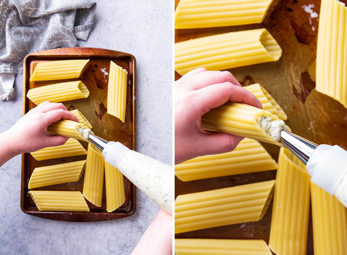 Two photos showing How to Make this easy baked dinner recipe - piping spinach and cheese filling into the pasta sleeves