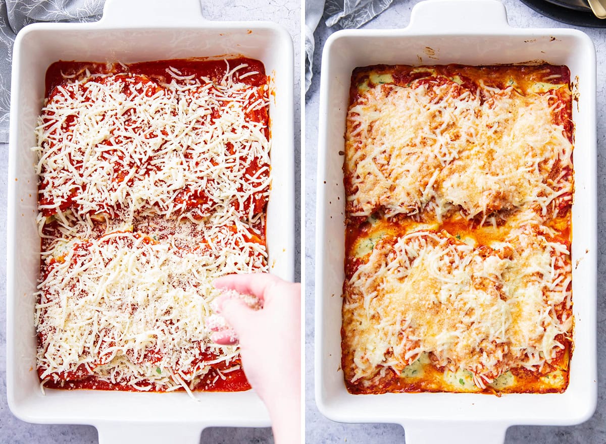 Two photos showing How to Make this easy Italian pasta dinner recipe - sprinkling cheese over the dish and showing the baked cheese result