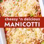 Easy Baked Manicotti Recipe with Cheese Pinterest image.