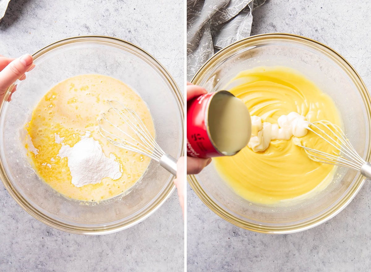 Two photos showing How to Make Banana Pudding - whisking pudding mix and condensed milk together