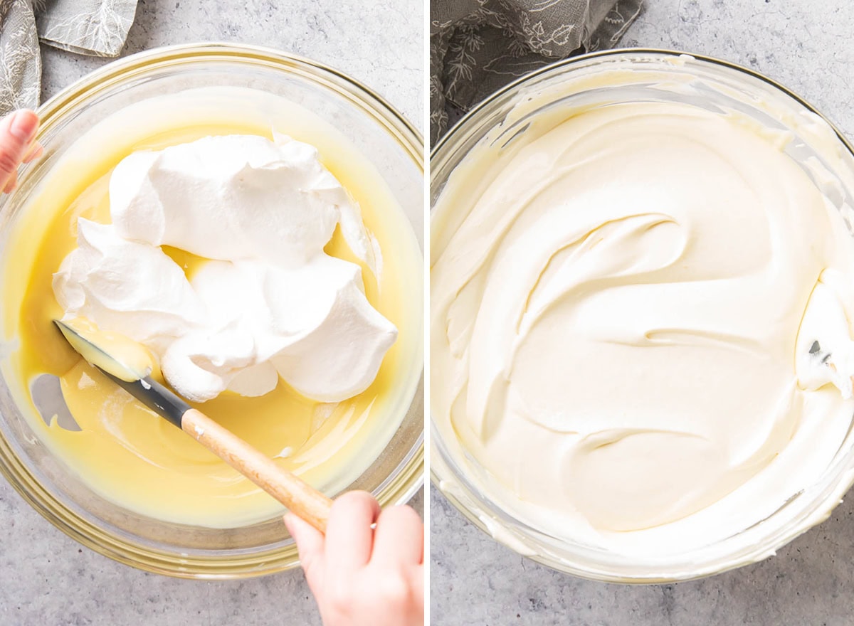 Two photos showing How to Make this simple southern homemade recipe - folding whipped topping into sweetened pudding mixture