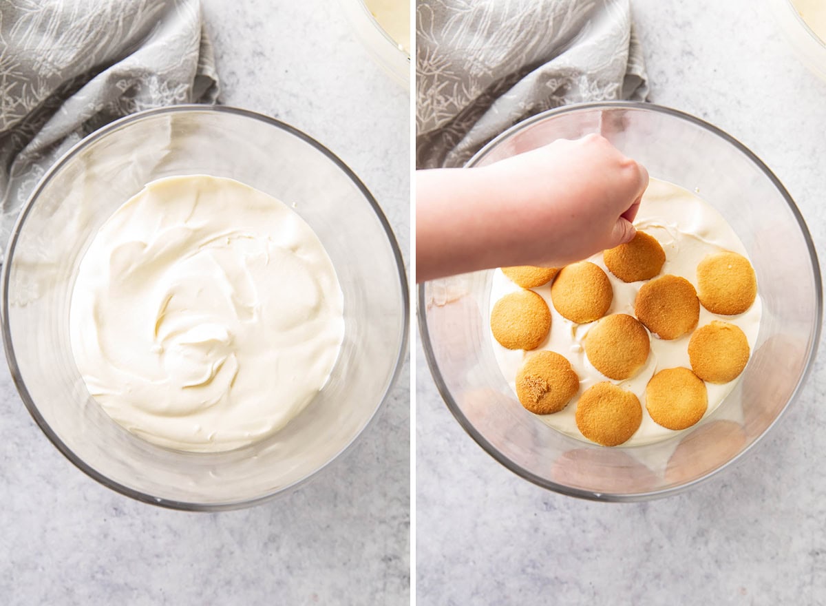 Two photos showing How to Layer Banana Pudding - spreading whipped topping and pudding mixture into an even layer and spreading vanilla wafers over it.