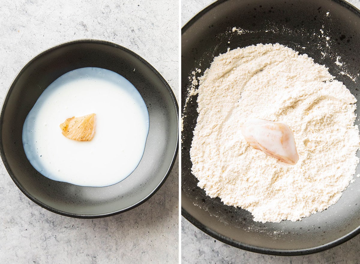 Two photos showing how to make chicken nuggets in air fryer - dipping chicken in buttermilk, flour and seasonings to coat