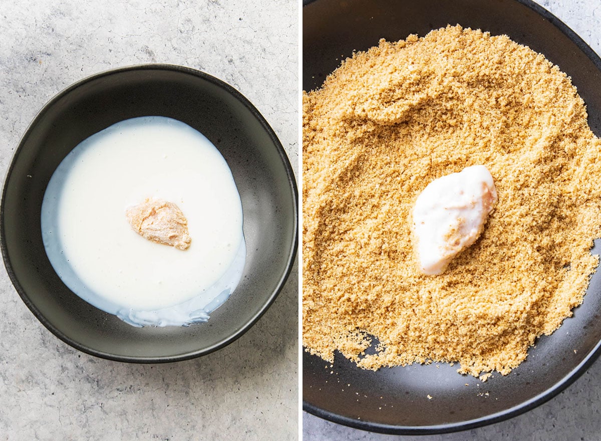 Two photos showing how to make air fryer chicken nuggets - dipping chicken in more buttermilk and breadcrumbs for the final coating