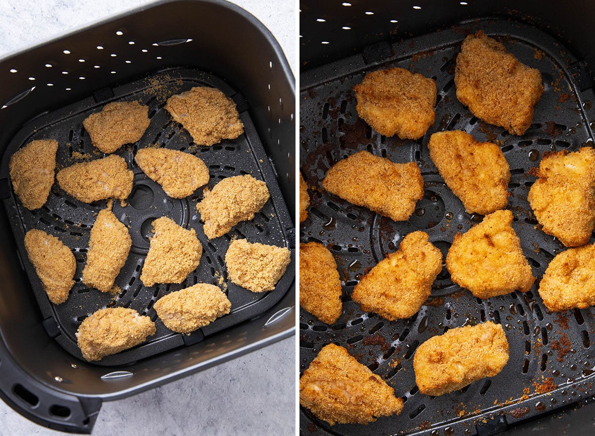 Two photos showing how to cook this recipe - uncooked recipe in the basket, then fully coated and golden.