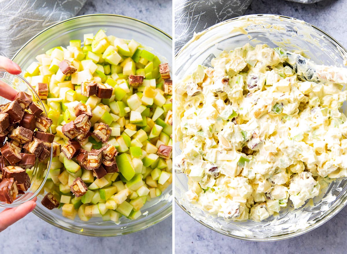 Two photos showing How to Make Snickers Salad - folding Snickers candy bars and Granny Smith apples into sweet dressing.