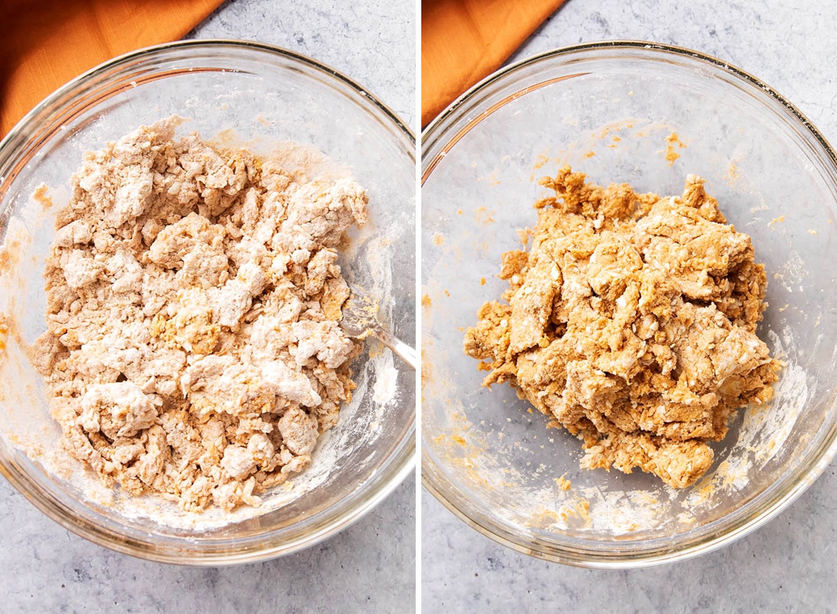 Two photos showing How to Make Pumpkin Scones - working the butter into the dough