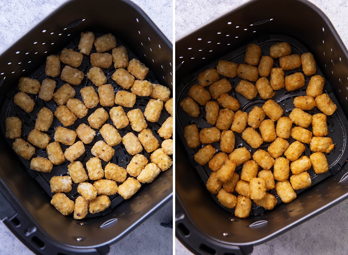 Two photos showing how to cook Frozen Tater Tots in an Air Fryer - frozen tater tots in the air fryer basket before and after cooking