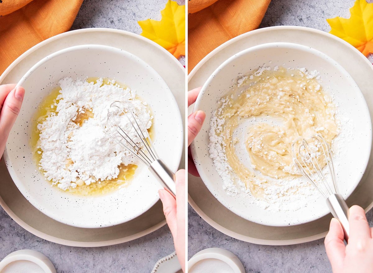 Two photos showing How to Make Maple Glaze - whisking ingredients together until sugar dissolves