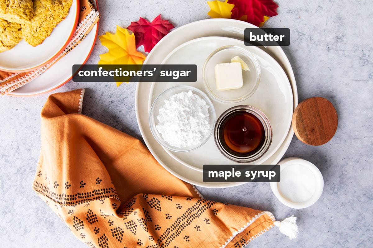 Maple Glaze Ingredients in prep bowls including confectioners’ sugar, maple syrup, butter, and salt.