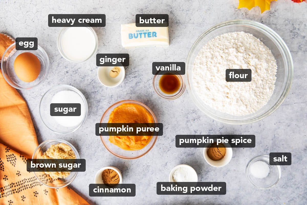 Pumpkin Scones Ingredients in prep bowls including flour, pumpkin puree, vanilla, butter, brown sugar, cinnamon, nutmeg, milk, and more.