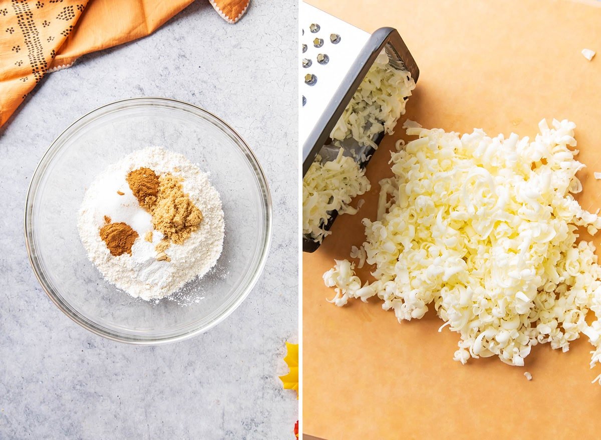 Two photos showing How to Make Pumpkin Scones - dry ingredients in a large mixing bowl and grated ice cold butter