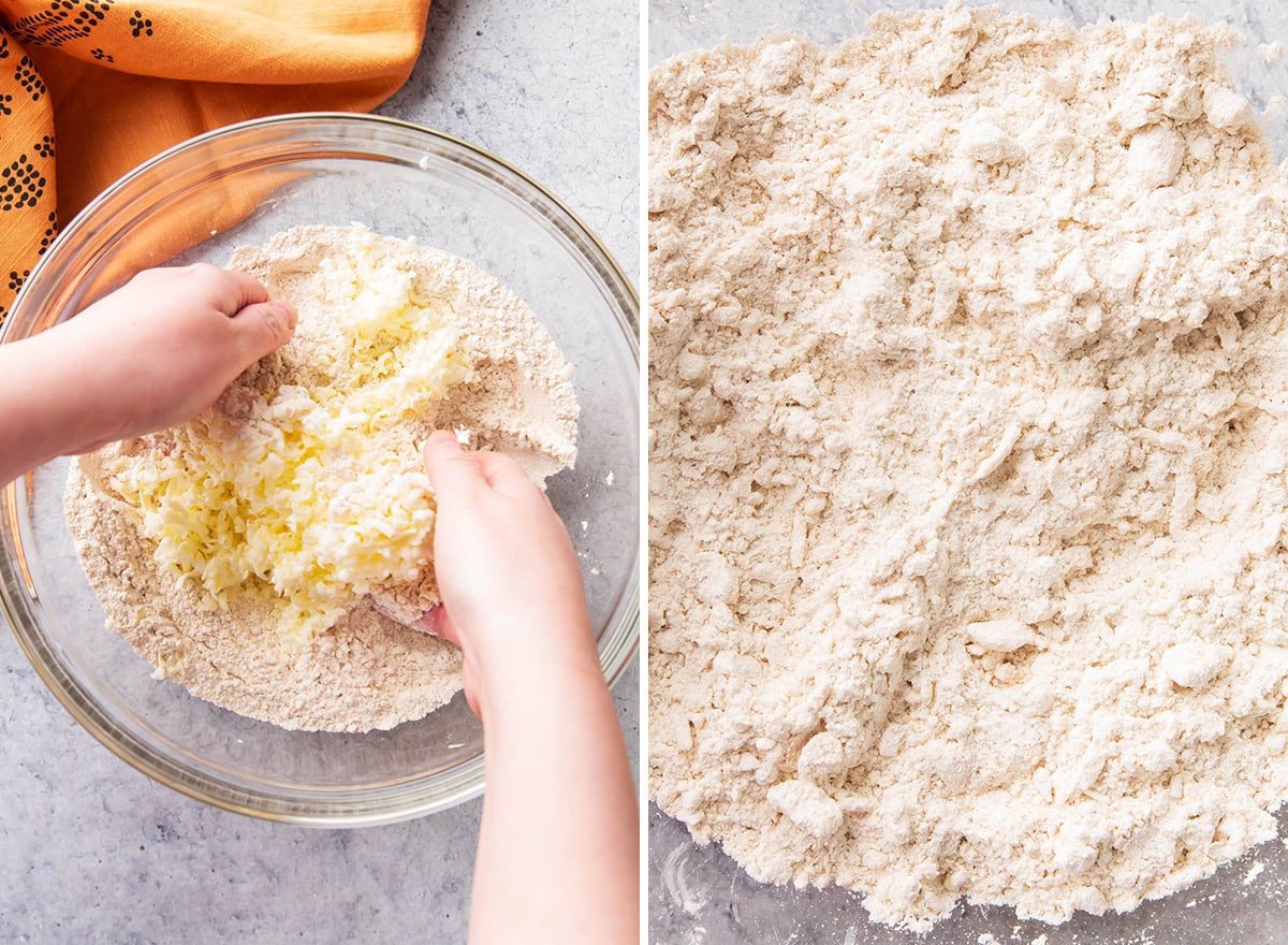 Two photos showing How to Make Pumpkin Scones - using hands to work butter into flour mixture and final product with pea-sized clumps of butter in flour