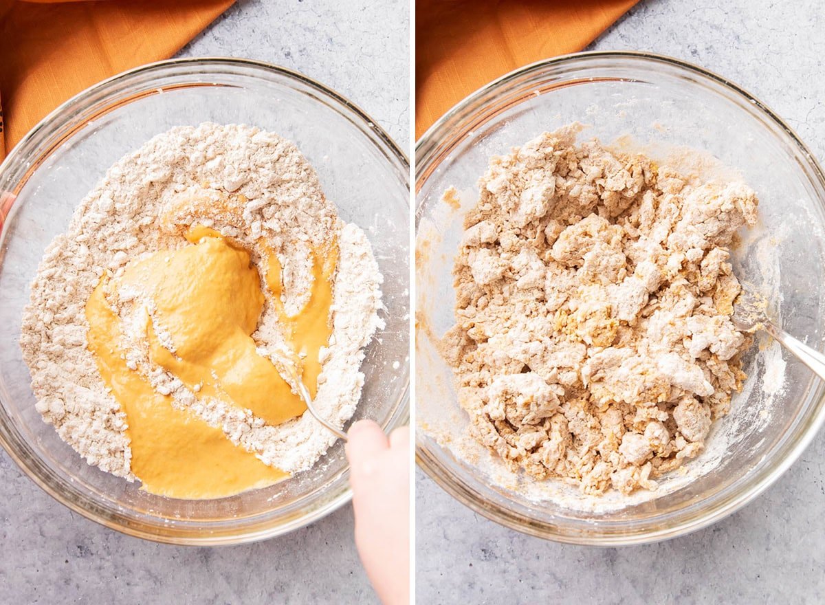 Two photos showing How to Make Pumpkin Scones - using a fork to fold wet ingredients pumpkin mixture into flour to make pumpkin scones dough