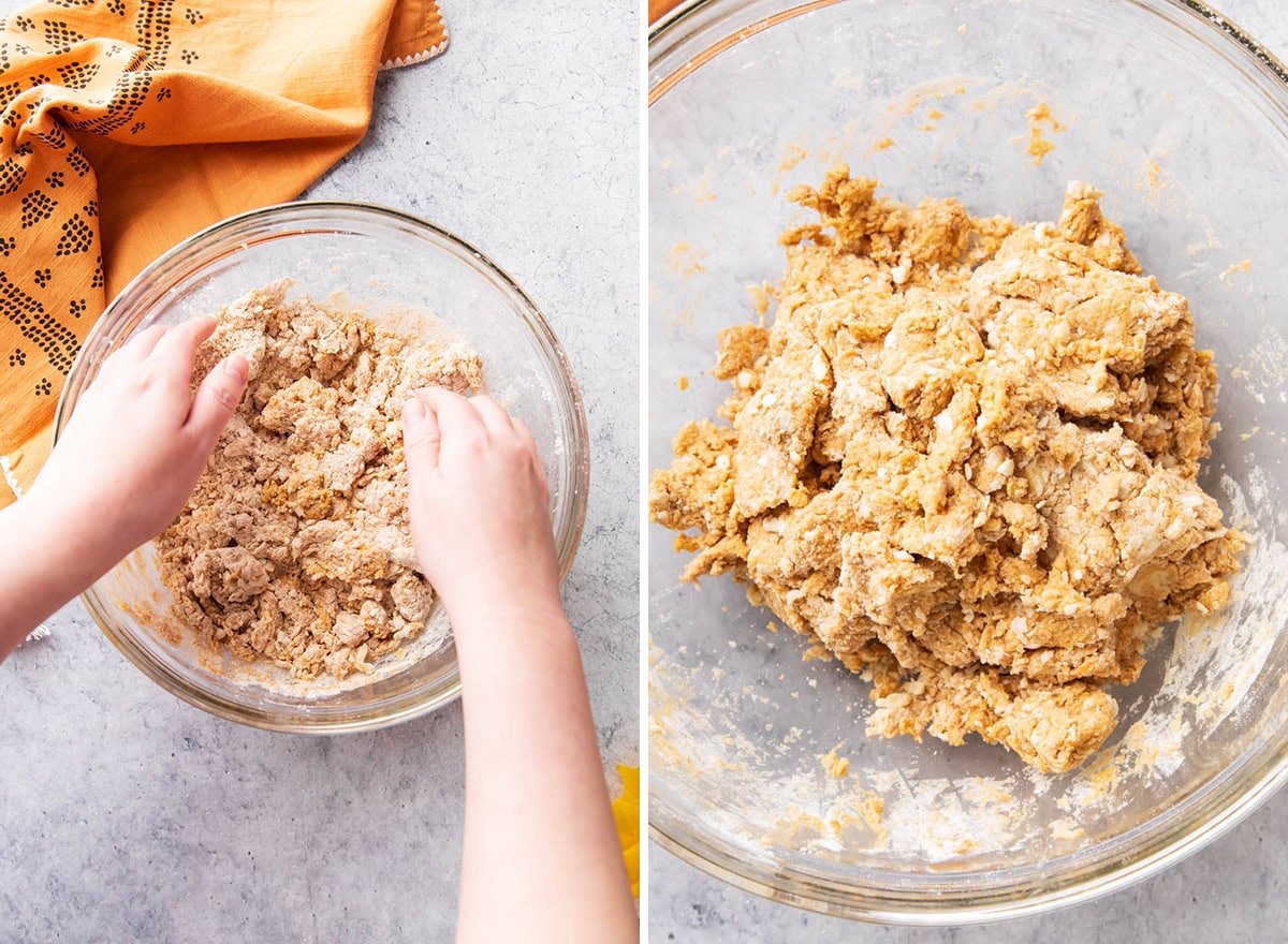 Two photos showing How to Make Pumpkin Scones - using hands to work the wet and dry ingredients into a cohesive dough