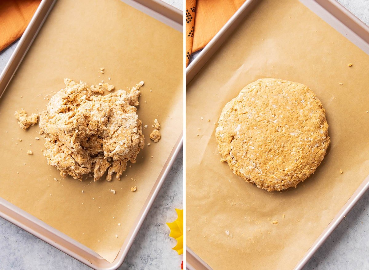 Two photos showing How to Make this fall breakfast recipe - shaping the crumbly bits of dough into a sphere