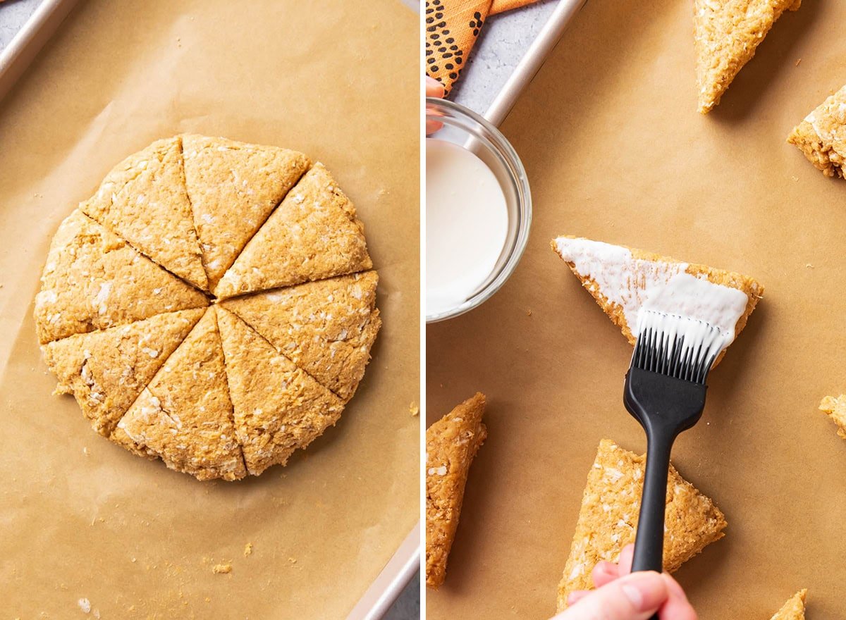 dough sphere sliced into 8 pieces and brushing buttermilk onto the tops of each for a sparkly finish