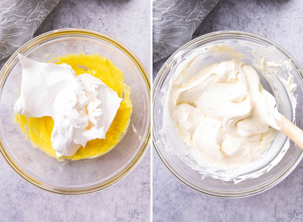 Two photos showing How to Make Snickers Salad - folding Cool Whip topping into pudding.