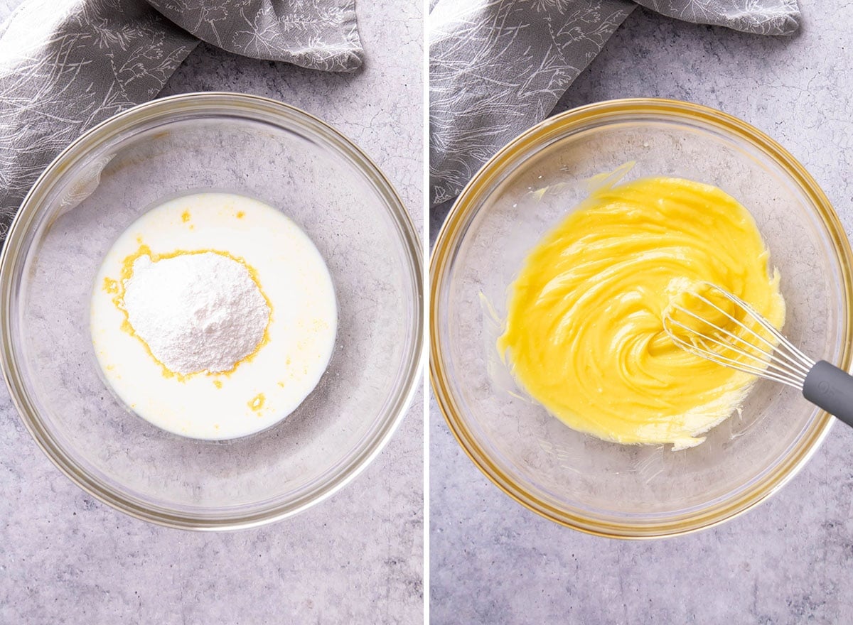 Two photos showing How to Make Snickers Salad - stirring milk and pudding mix together.