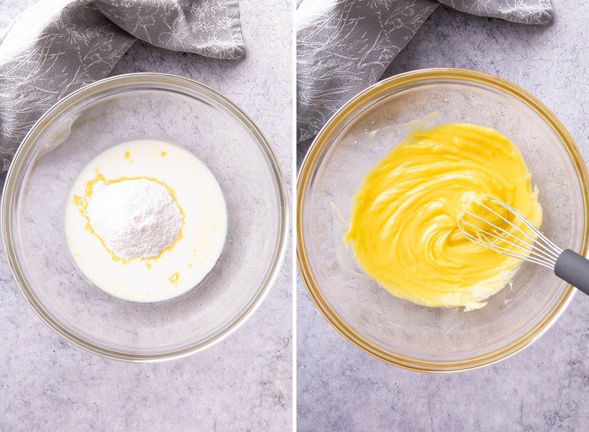 Two photos showing how to make Snickers Salad - Mixing instant pudding mix and milk together