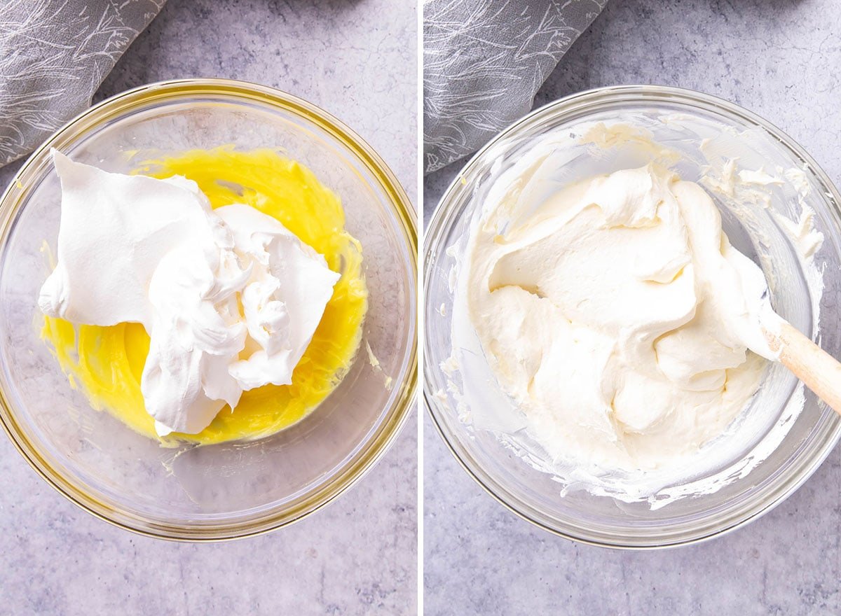 Two photos showing how to make this apple dessert salad - folding whipped topping and pudding together to make dressing