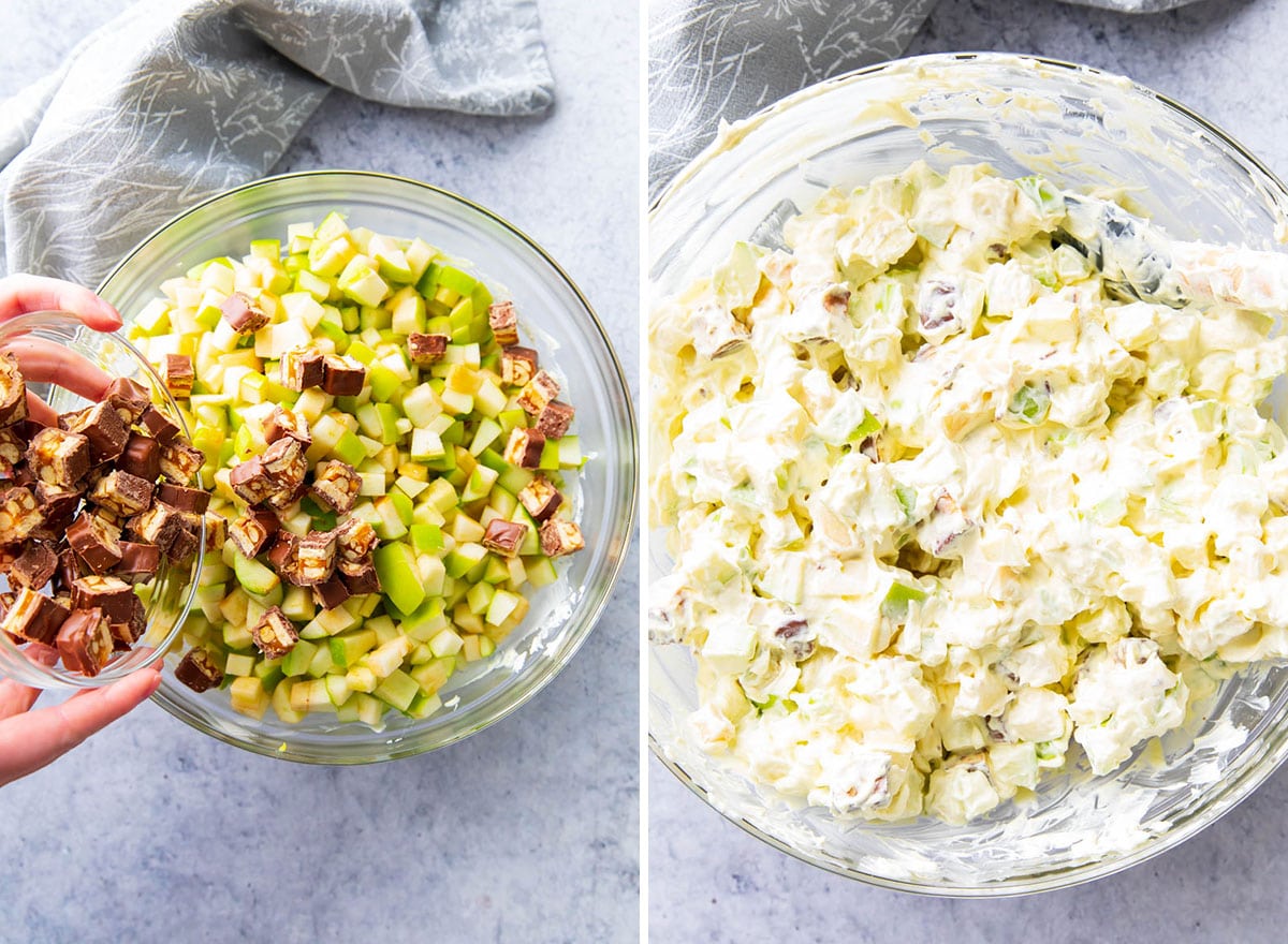 Two photos showing how to make this caramel apple dessert recipe - Folding apples and candy into the dressing.