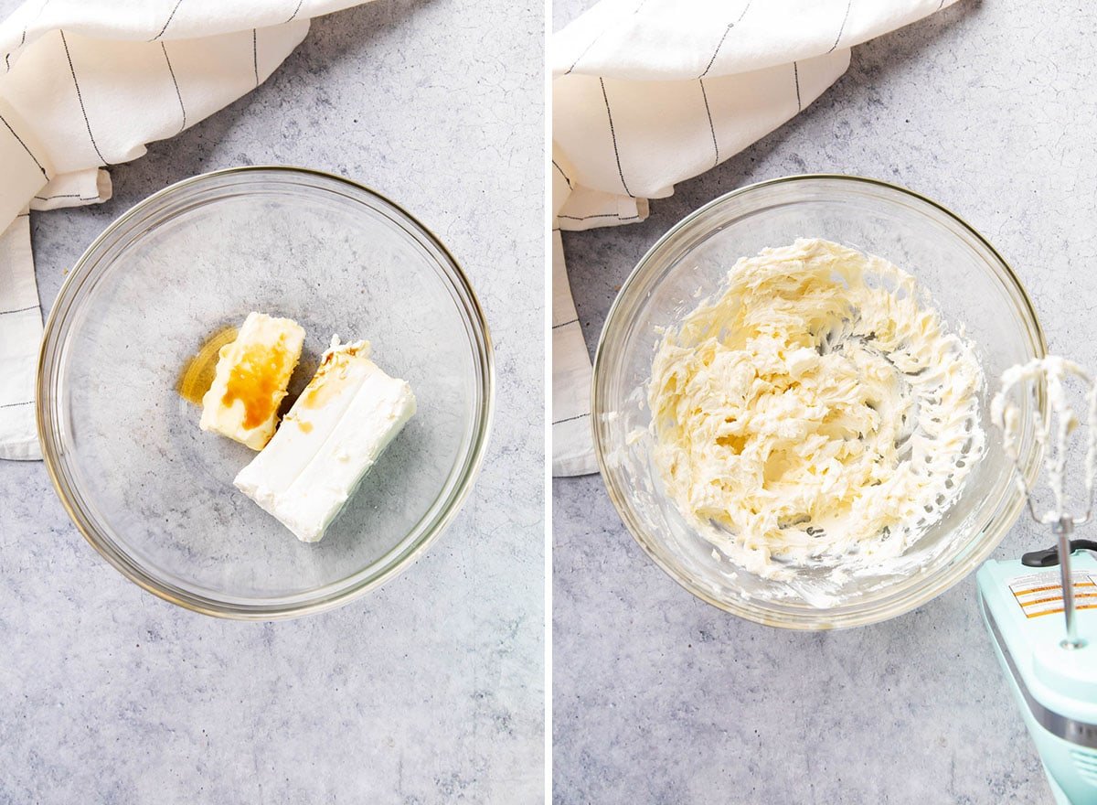 Two photos showing How to Make Cream Cheese Frosting - beating butter, cream cheese, and vanilla together