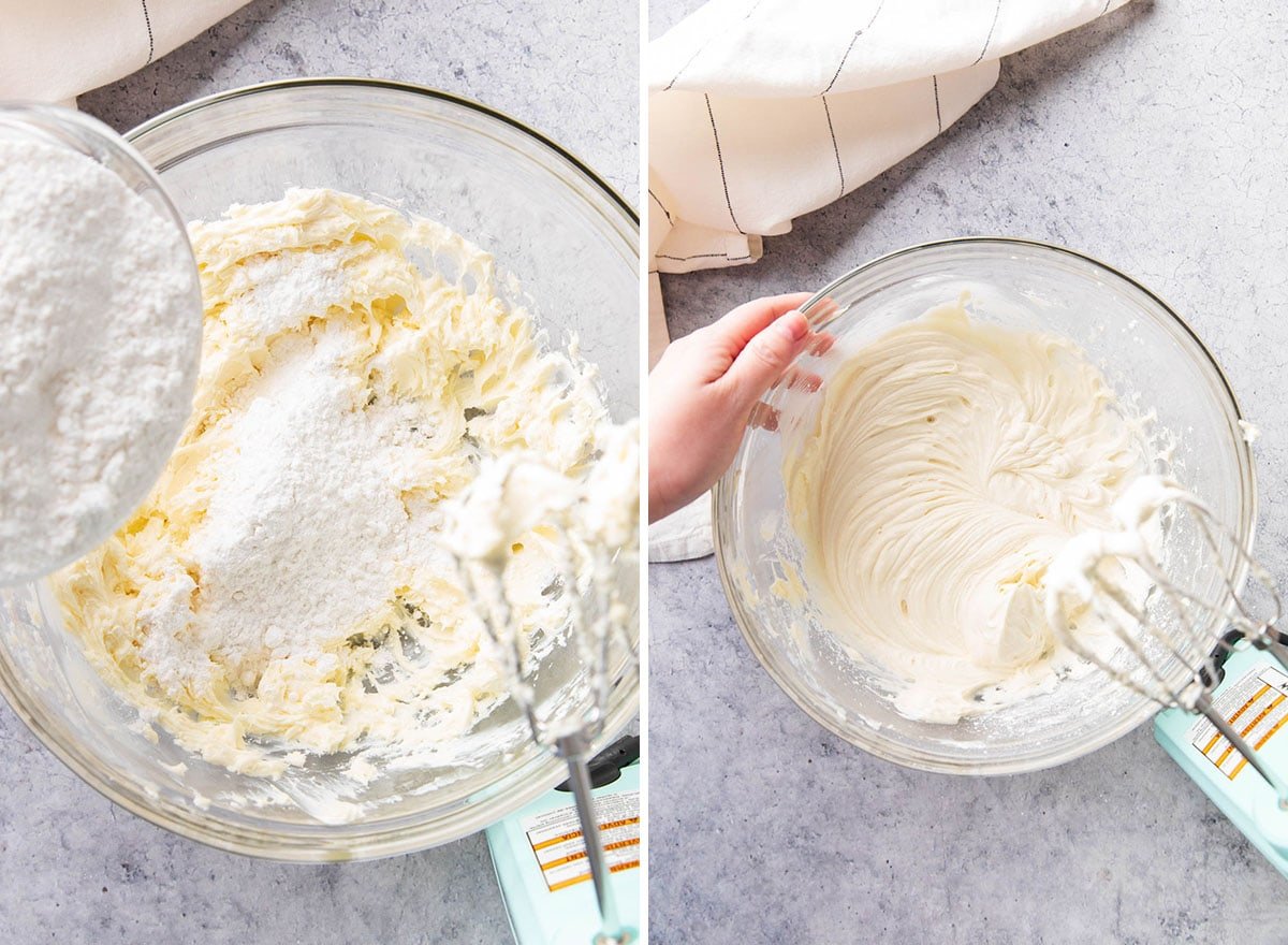 Two photos showing How to Make this easy dessert recipe - whisking confectioners sugar with a hand mixer into cream cheese and butter mixture to make this recipe