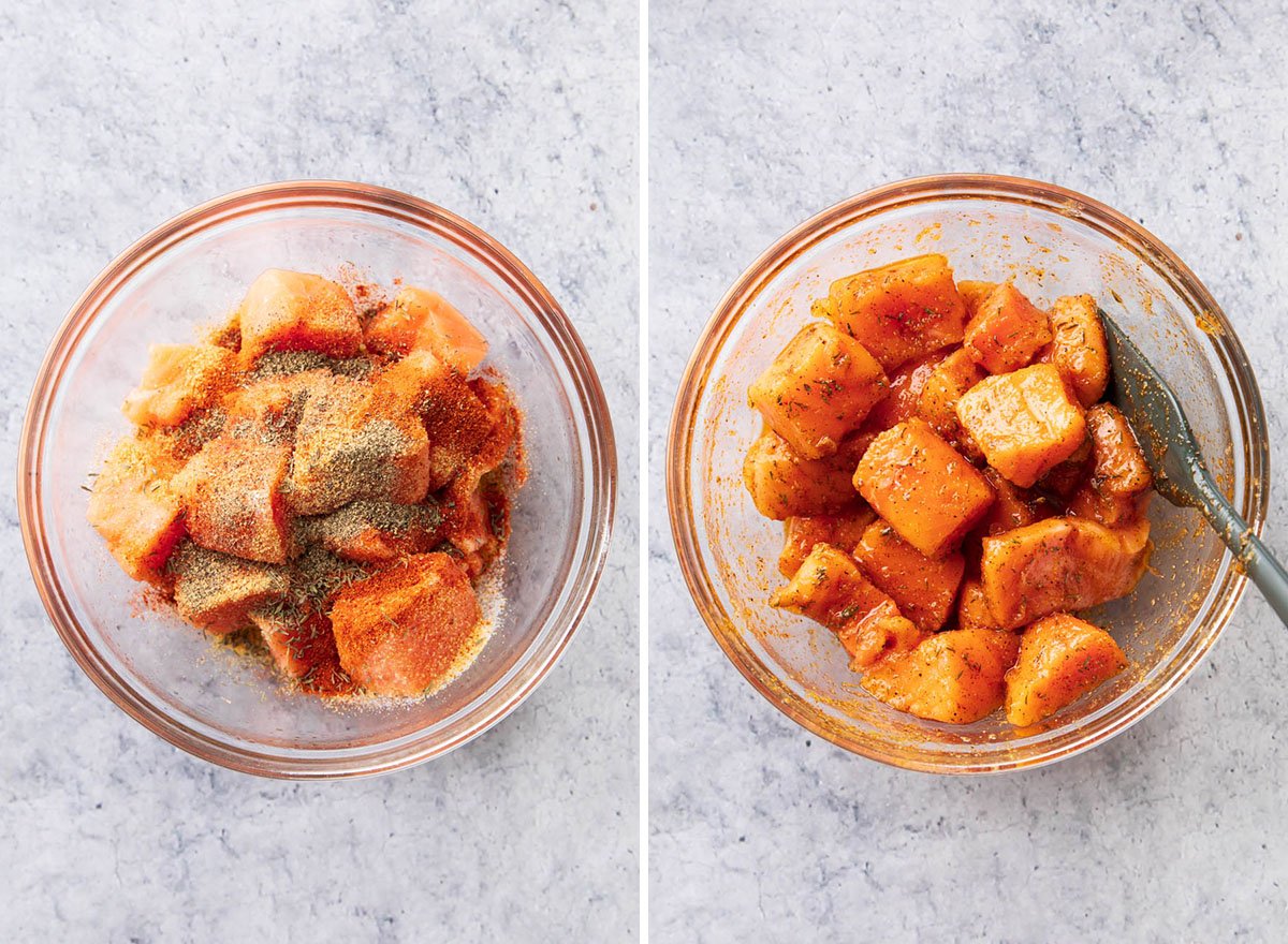 Two photos showing How to Make Salmon Bites in an Air Fryer - stirring salmon together with oil and spices until well coated.