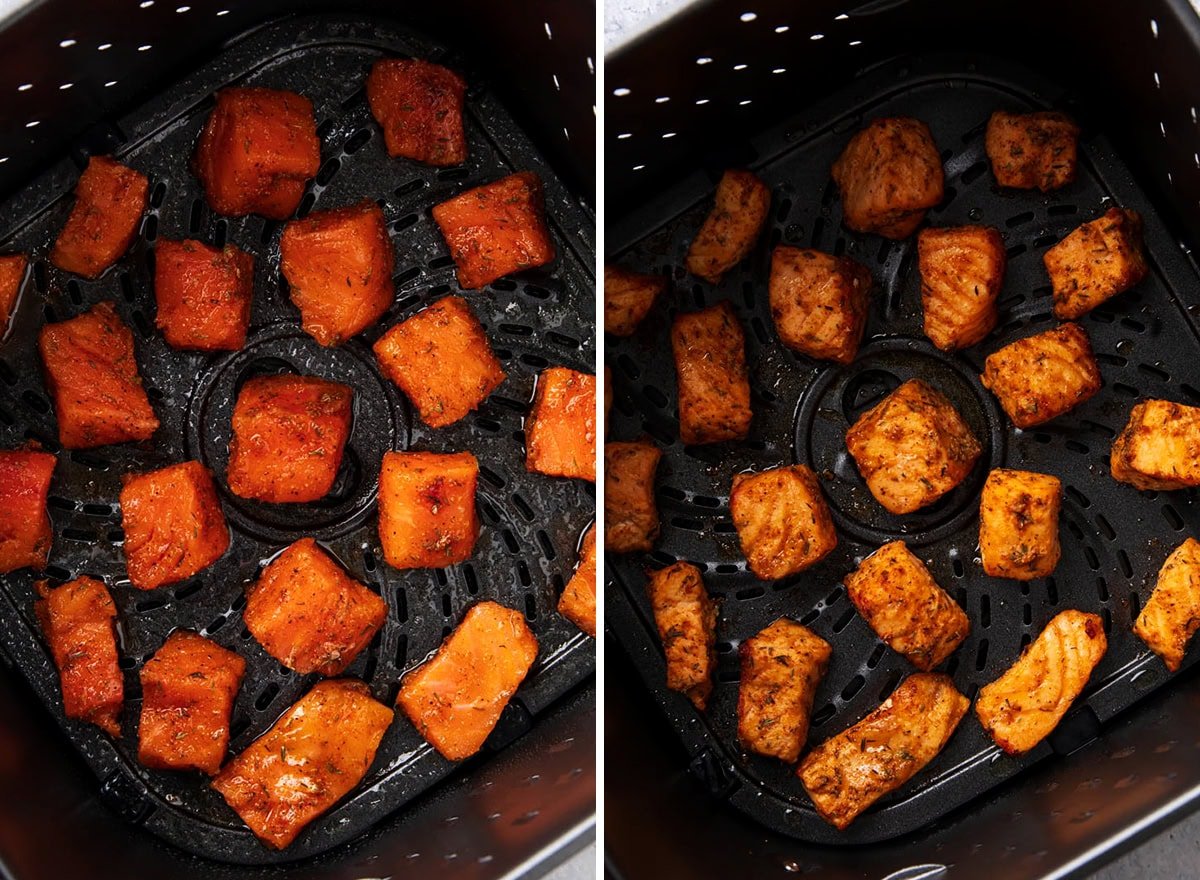 Two photos showing how to make air fryer salmon bites - raw salmon cubes and fully cooked salmon bites.