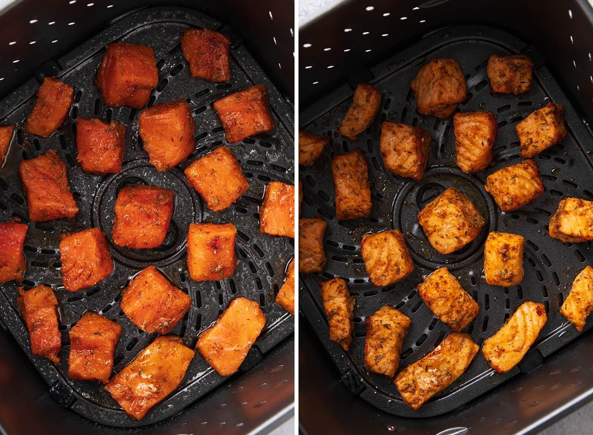 Two photos showing how to make air fryer salmon bites - before and after cooking photos  this recipe.