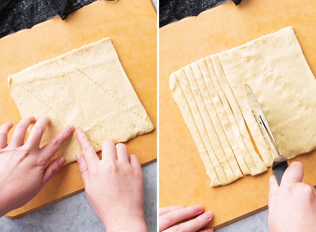 Two photos showing How to Make Mummy Hot Dogs - pressing seams together on crescent roll dough and slicing with a pizza cutter to form strips to make mummy bandages