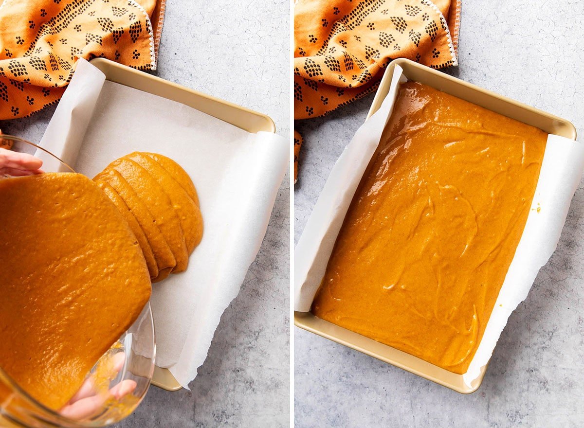pouring pumpkin cake batter into lined baking pan.