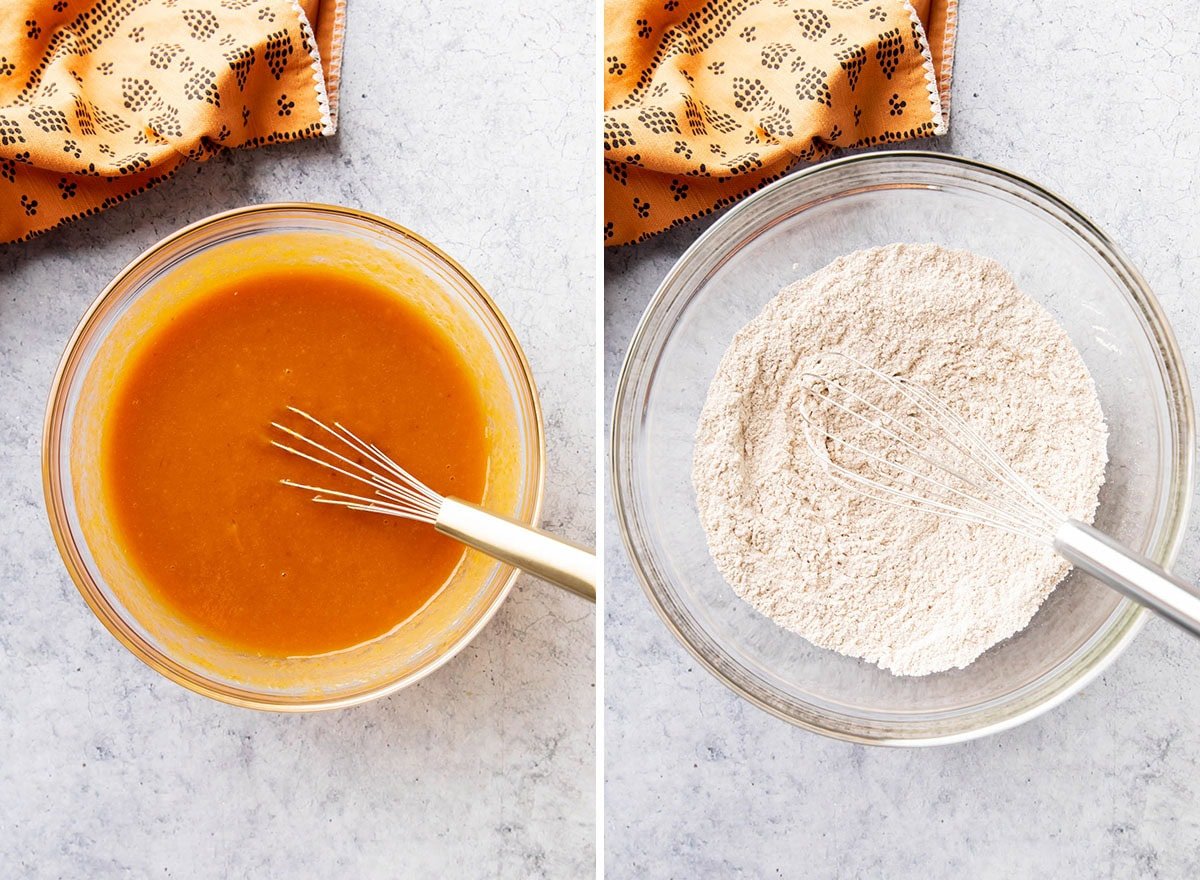 Two photos showing How to Make Pumpkin Cake - whisking wet and dry ingredients in separate mixing bowls.