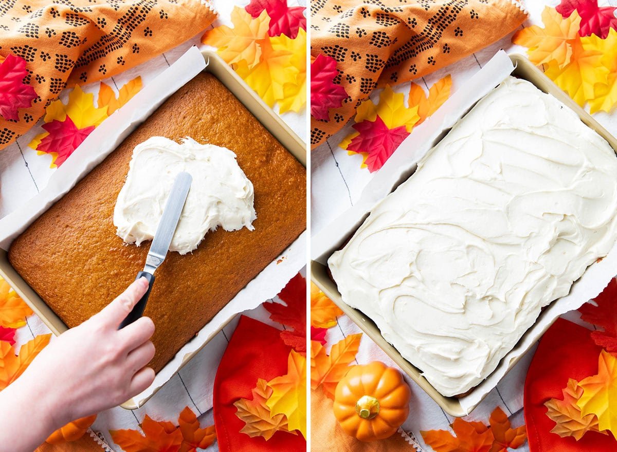 Two photos showing How to Make Pumpkin Cake - frosting baked and cooling cake with cream cheese frosting.