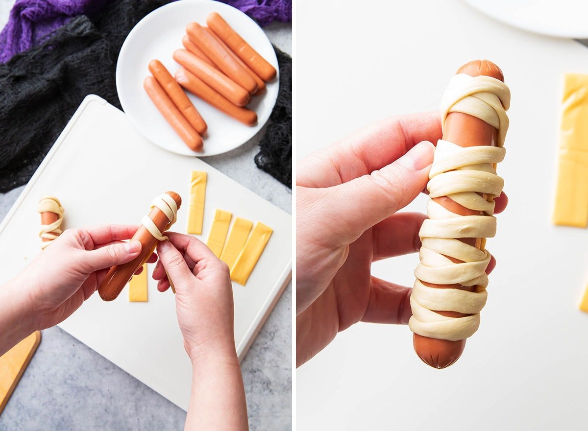 Two photos showing How to Make hot dogs and crescent roll mummies - wrapping crescent roll dough and cheese around a hot dog