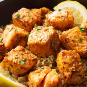 Closeup of Air Fryer Salmon Bites in a black bowl of brown rice with lemon wedges on the side.