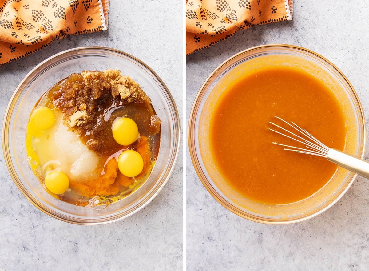 Two photos showing How to Make Pumpkin Cake - whisking together eggs, cane sugar, brown sugar, oil, pumpkin, and other wet ingredients