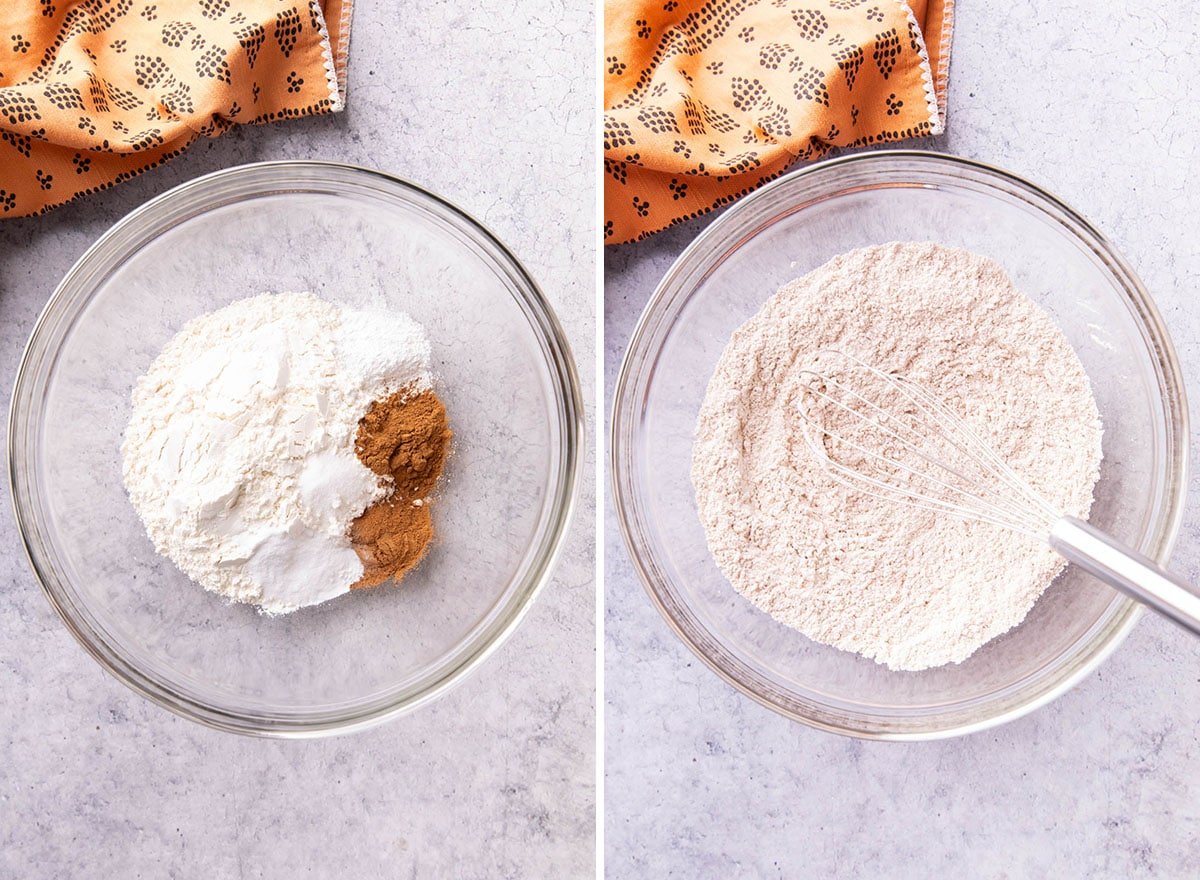 Two photos showing How to Make Pumpkin Cake with cream cheese frosting - whisking together dry ingredients including flour, baking powder, baking soda, spices, and salt.