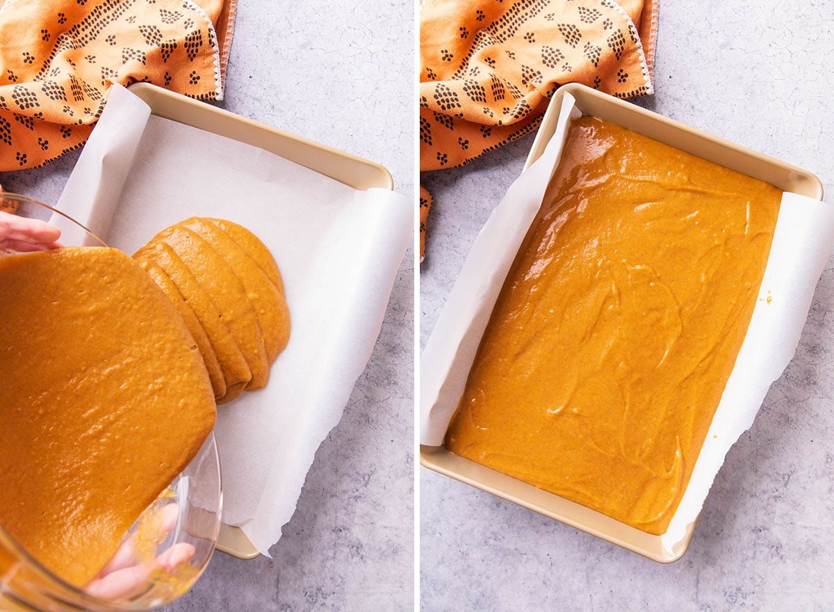 Two photos showing How to Make this fall desert recipe - pouring batter into a lined baking pan and spreading into an even layer