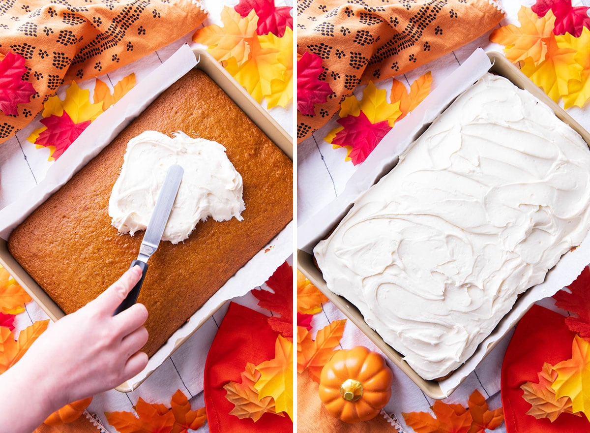 spreading cream cheese frosting over this baked cake before slicing