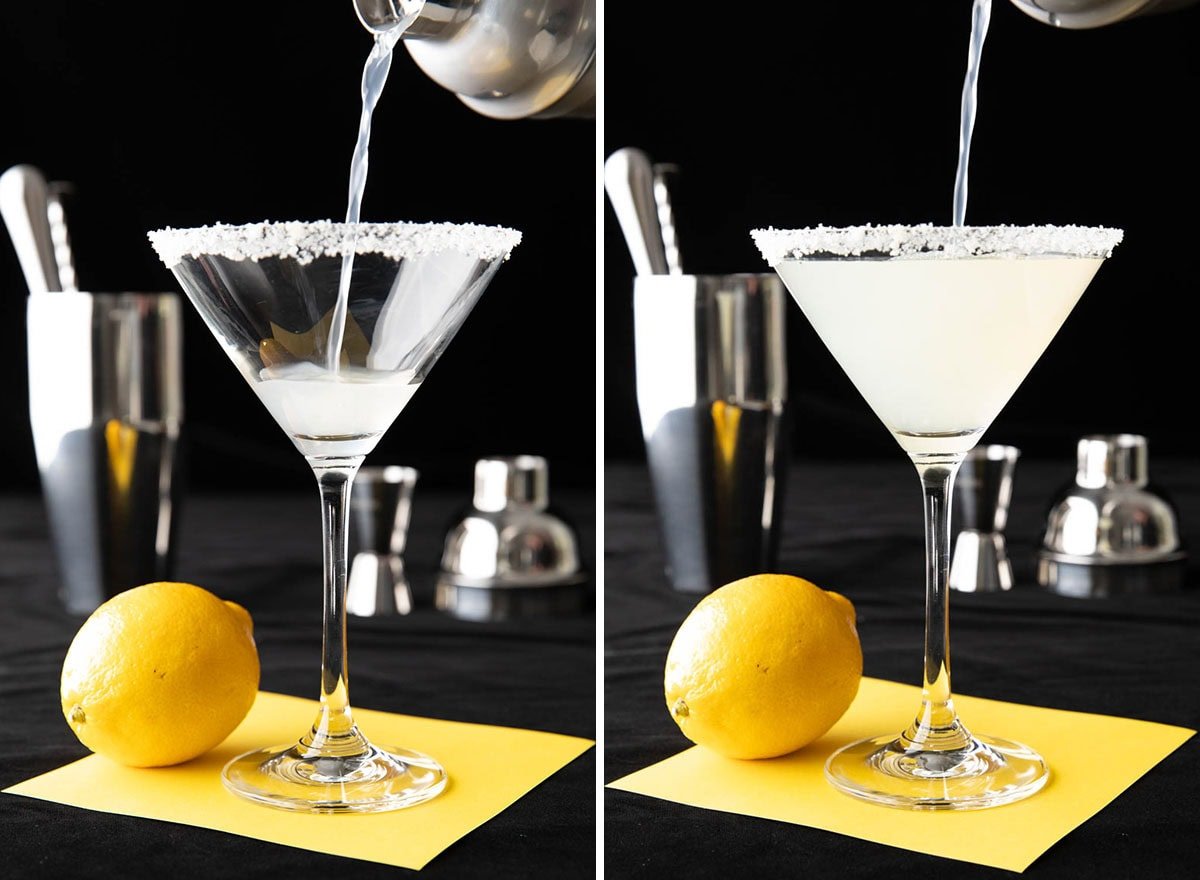 Two photos showing how to make a lemon drop martini - pouring and straining the lemon drop mixture into a martini glass.