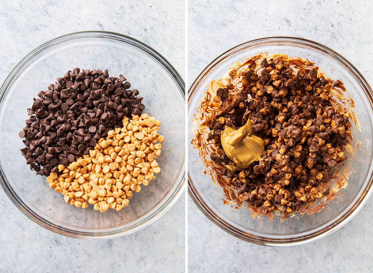 Two photos showing How to Make Haystack Cookies - melting and stirring together butterscotch chips, chocolate chips, and peanut butter.