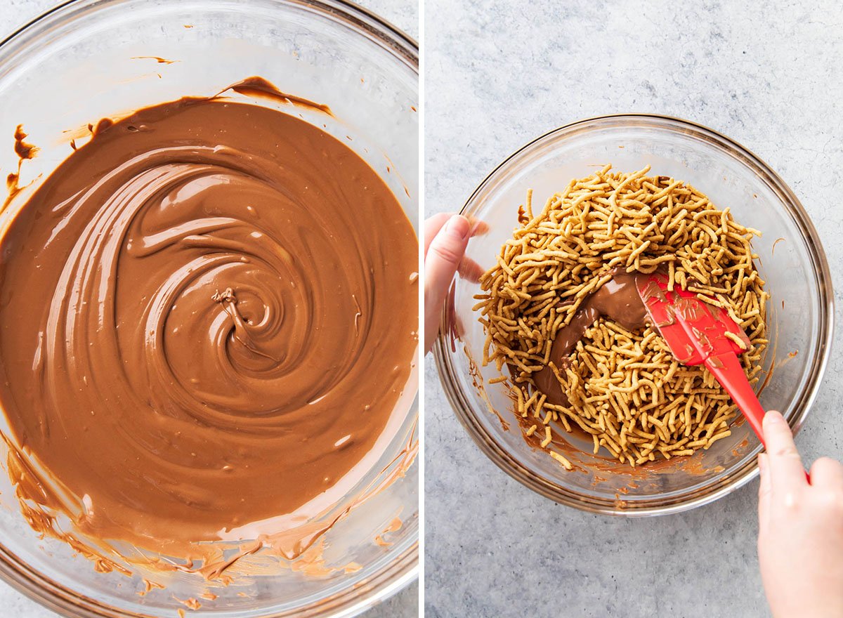 Two photos showing How to Make this no bake Christmas recipe - stirring melted chocolate mixture with chow mein noodles.