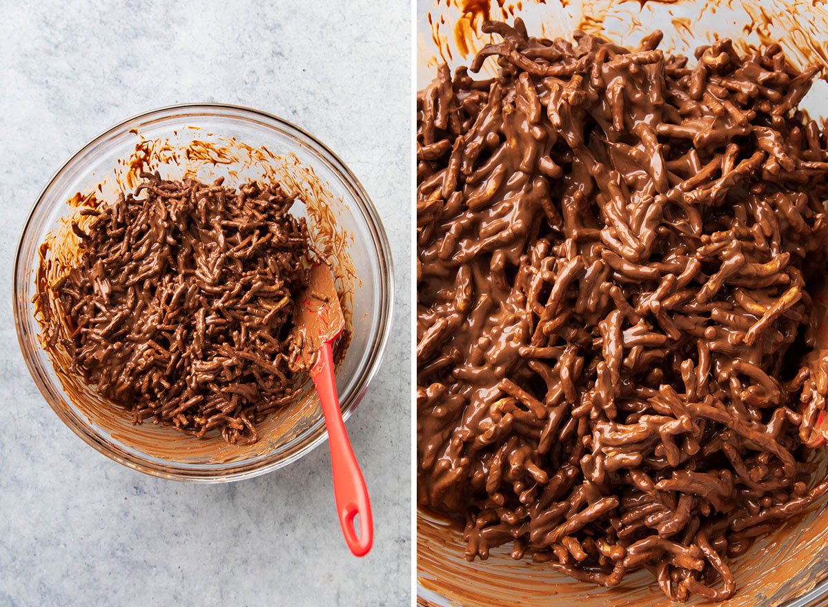 Two photos showing How to Make this no bake Christmas recipe - fully coated dough mixture is ready to scoop.